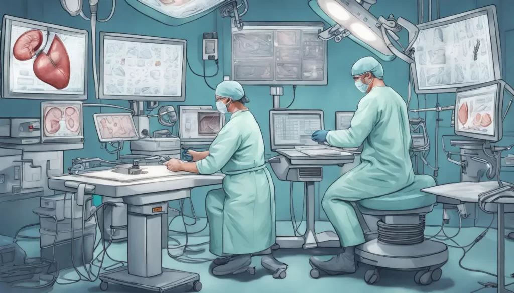 Cirurgião em sala de operação iluminada realizando cirurgia bariátrica com instrumentos e monitores ao redor.
