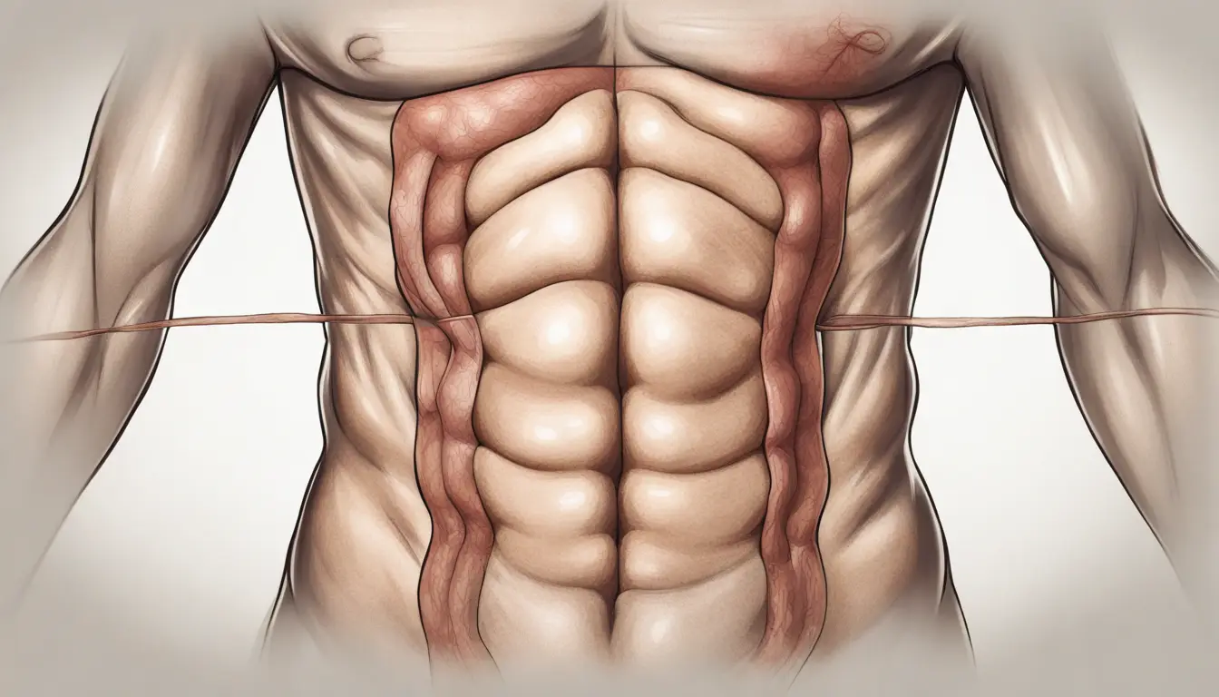 Close-up do abdômen humano com cicatriz cirúrgica visível e ligeira protuberância, indicando hérnia incisional.