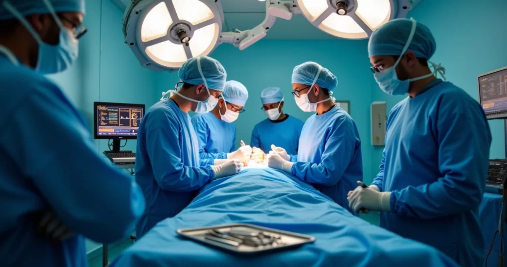 Salas de cirurgia moderna com equipe de médicos em ação durante uma cirurgia metabólica.