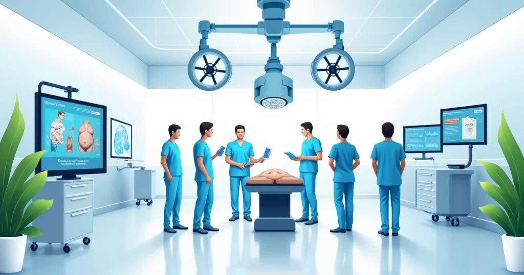 Sala cirúrgica moderna com equipamentos robóticos para cirurgia bariátrica e equipe médica concentrada.