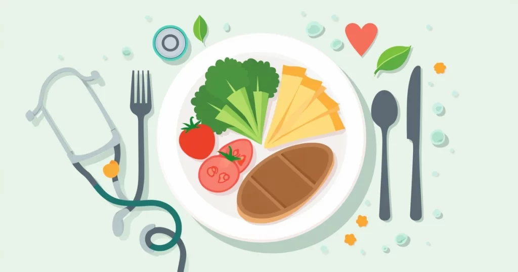 Ilustração plana corporativa de um prato saudável colorido com alimentos variados para alimentação no pós-bariátrica