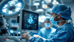 Médico operando máquina de cirurgia robótica em um ambiente hospitalar