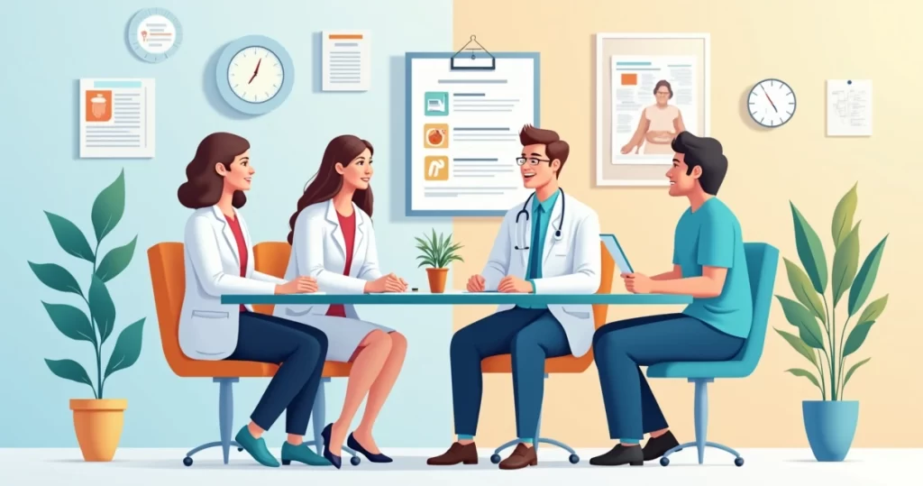 Ilustração corporativa plana mostrando equipe multidisciplinar avaliando paciente para cirurgia bariátrica, com médicos, nutricionista e psicólogo em consulta